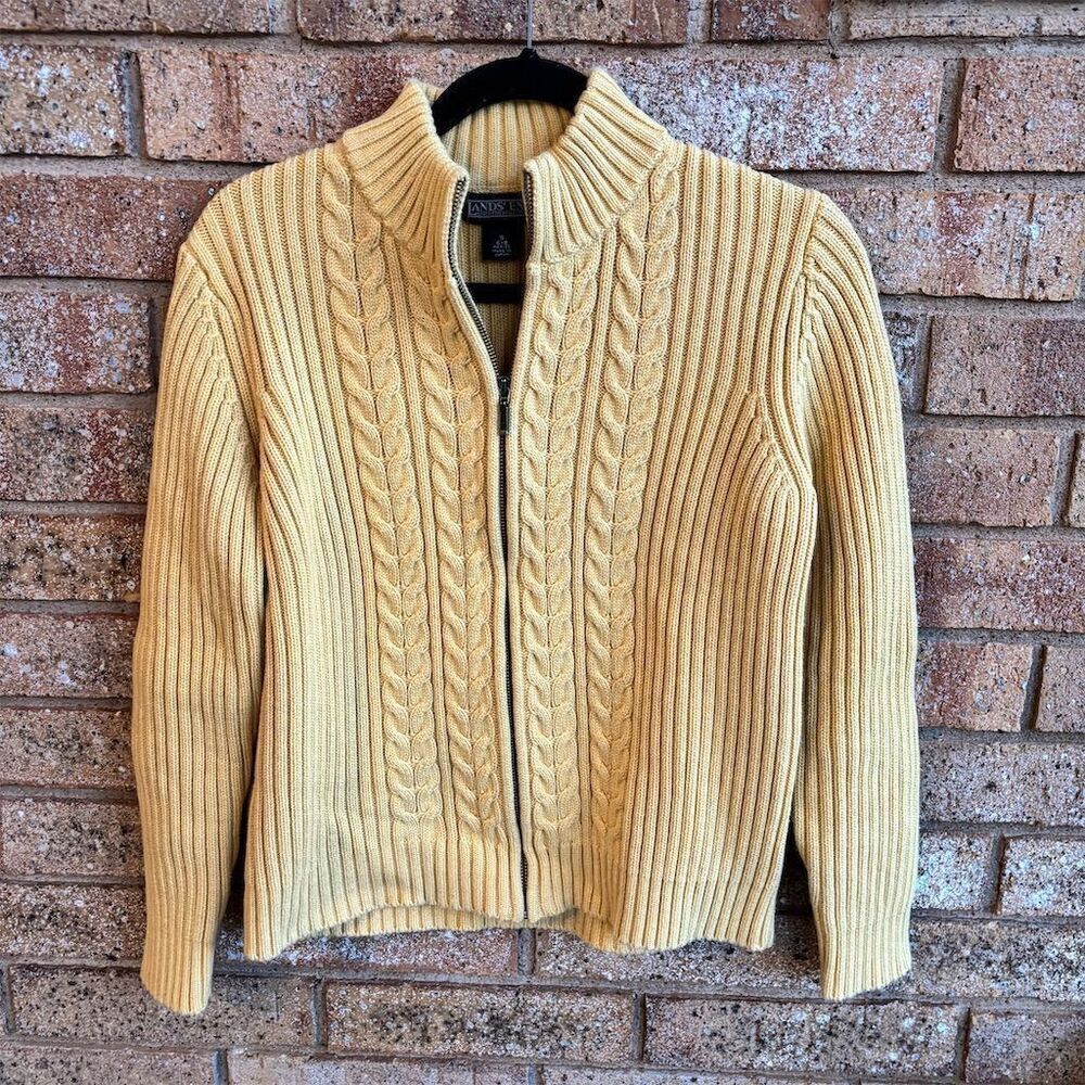 Lands' End Women's Petite Yellow Cable Knit Cardigan Sweater S